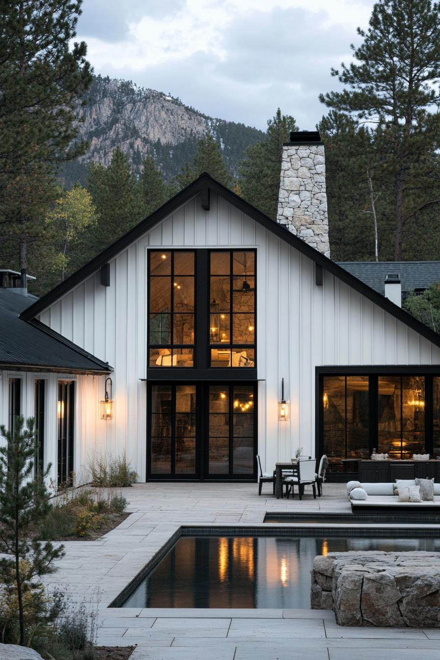 farmhouse style mountain house with white board and batten siding black trimmed glass windows and large doors stone chimney courtyard with small 2