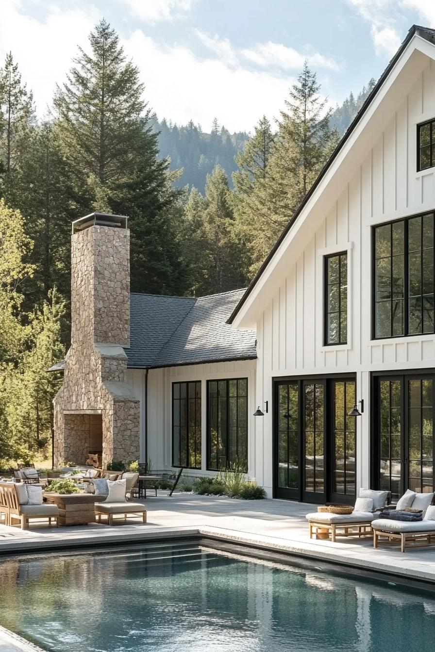 farmhouse style mountain house with white board and batten siding black trimmed glass windows and large doors stone chimney courtyard with small 3