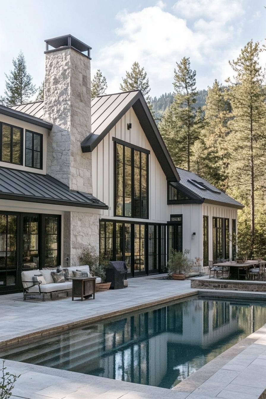 farmhouse style mountain house with white board and batten siding black trimmed glass windows and large doors stone chimney courtyard with small