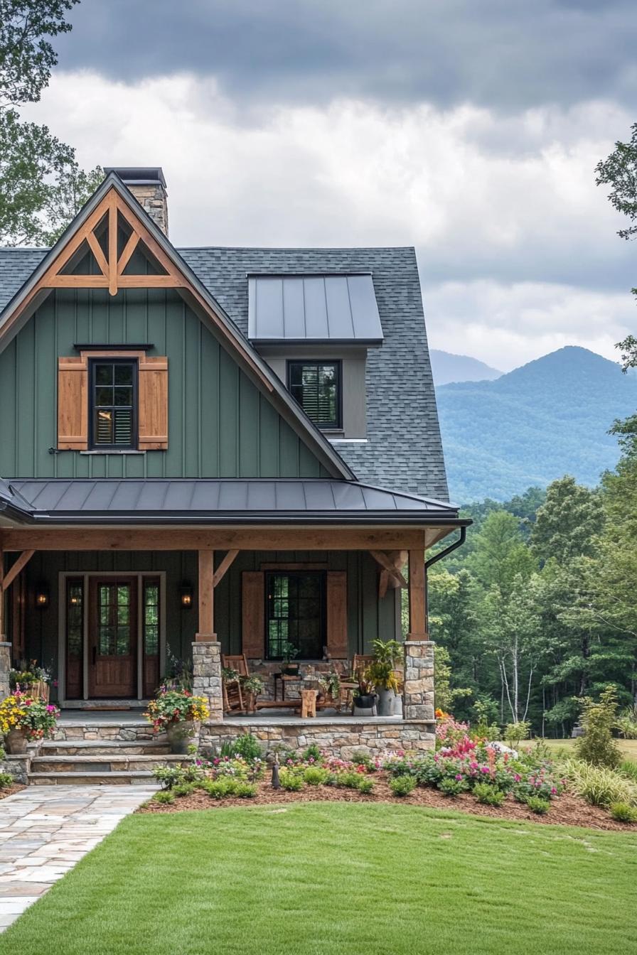 front view of a cottage style mountain house with shy green board and batten siding natural stone foundation porch with wooden columns multiple 1