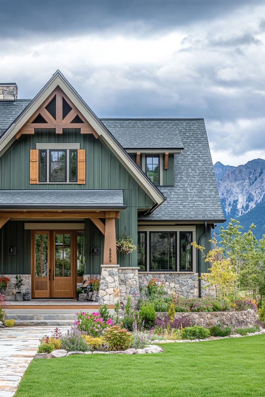 front view of a cottage style mountain house with shy green board and batten siding natural stone foundation porch with wooden columns multiple 2