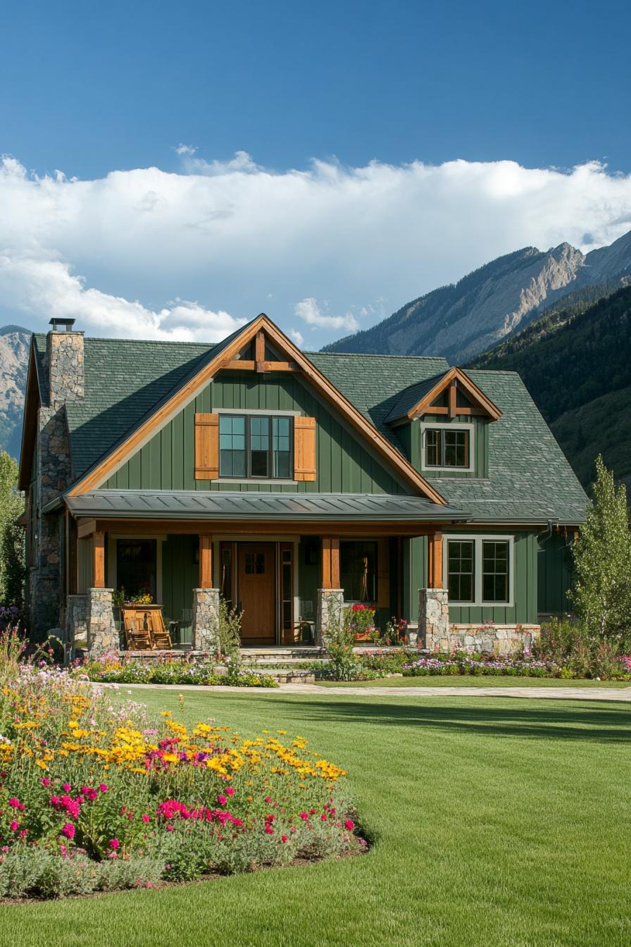 front view of a cottage style mountain house with shy green board and batten siding natural stone foundation porch with wooden columns multiple 3