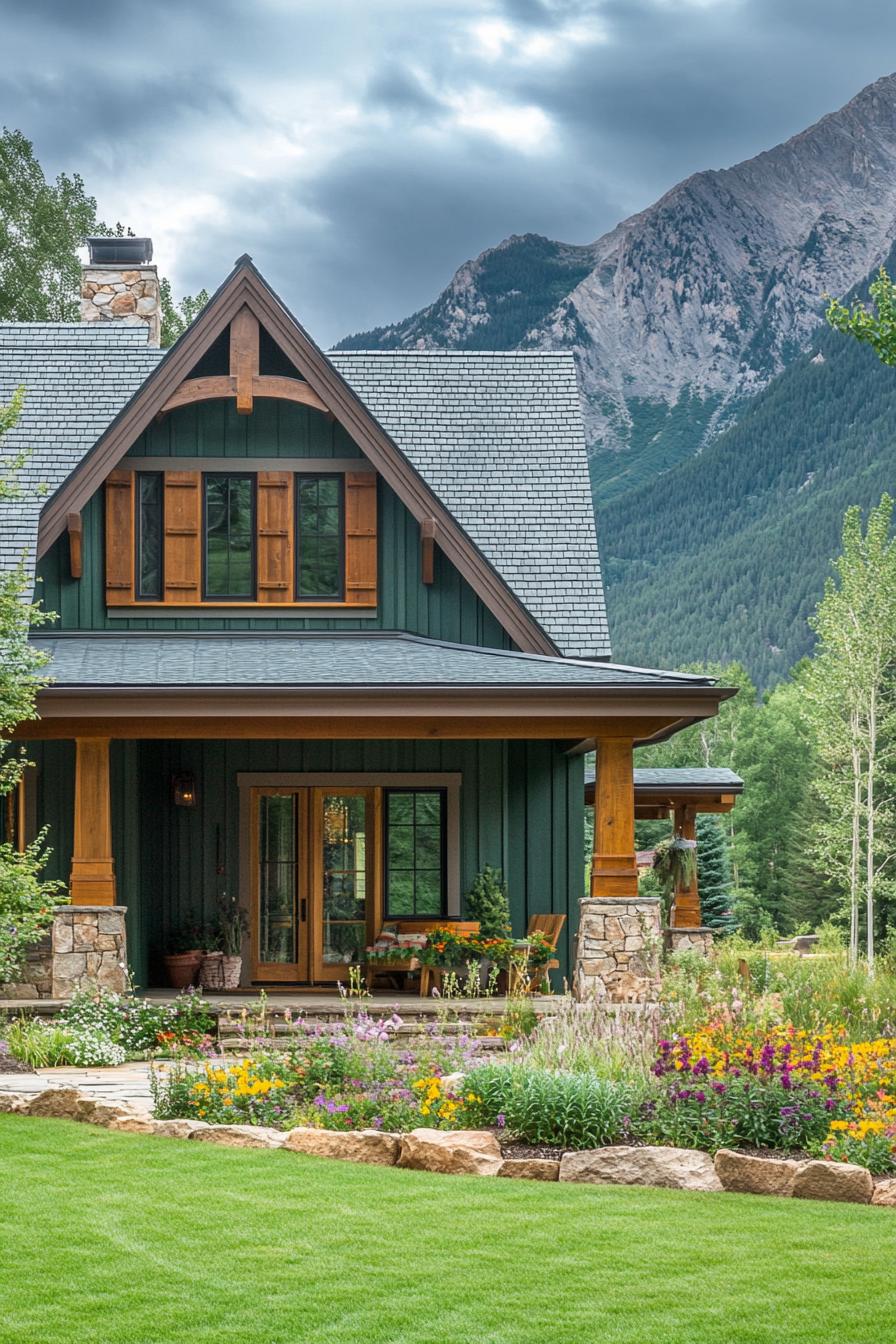 front view of a cottage style mountain house with shy green board and batten siding natural stone foundation porch with wooden columns multiple