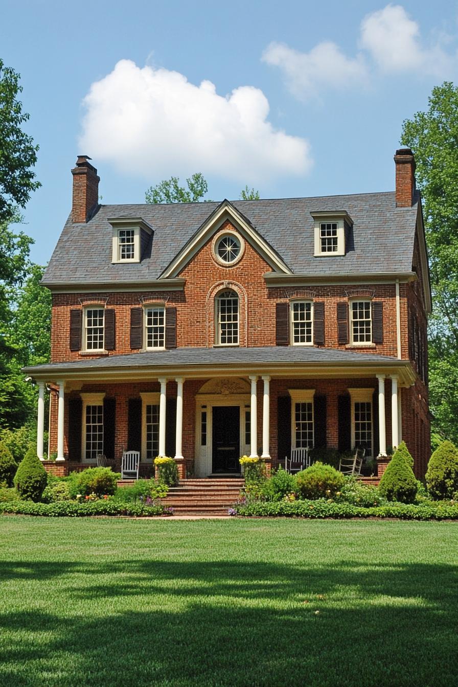 georgian brick house two stories roof gambrels porch columns classic landscape 1