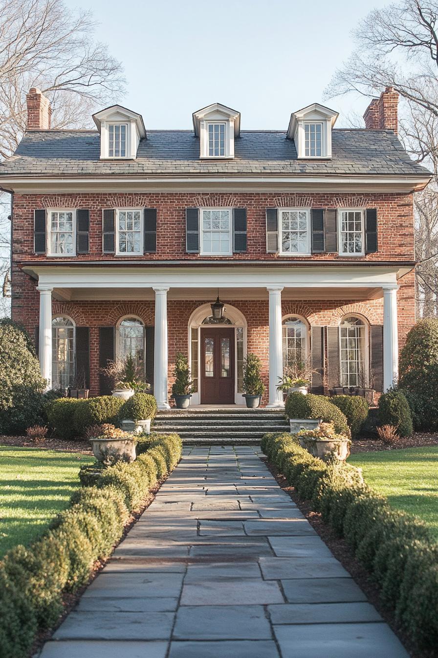 georgian brick house two stories roof gambrels porch columns classic landscape 4