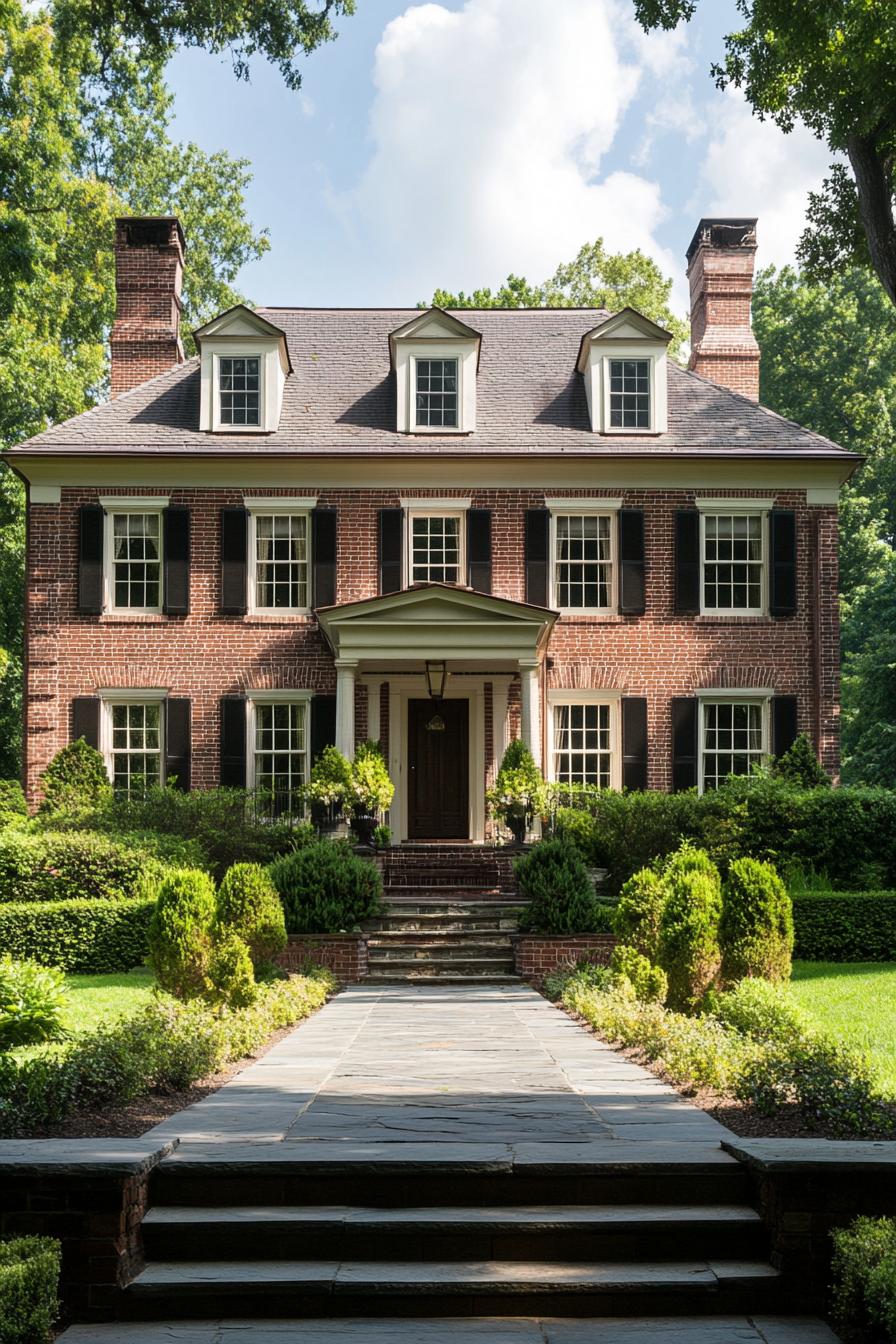 georgian brick house two stories roof gambrels porch columns classic landscape 5