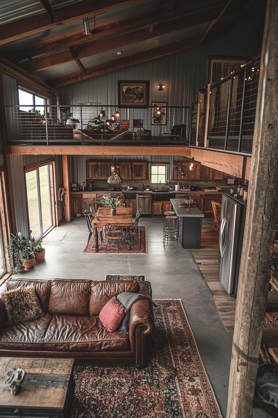 high angle view of a lofted barndominium interior farmhouse style with modern and industrial elements 3