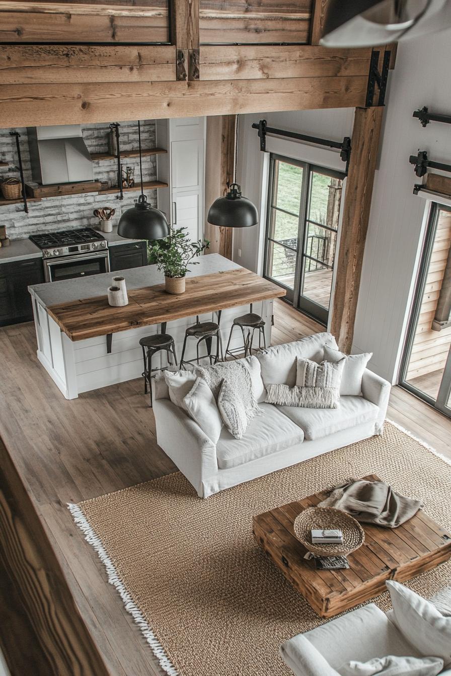 high angle view of a lofted barndominium interior farmhouse style with modern and industrial elements