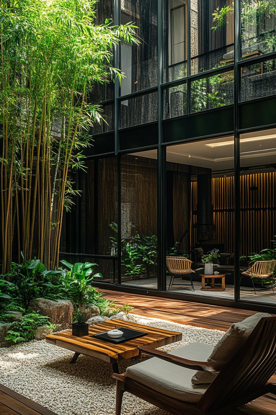 indoor courtyard of a modern building glass encased lush bamboos lining building walls wooden deck with chairs and modern coffee table wooden slat