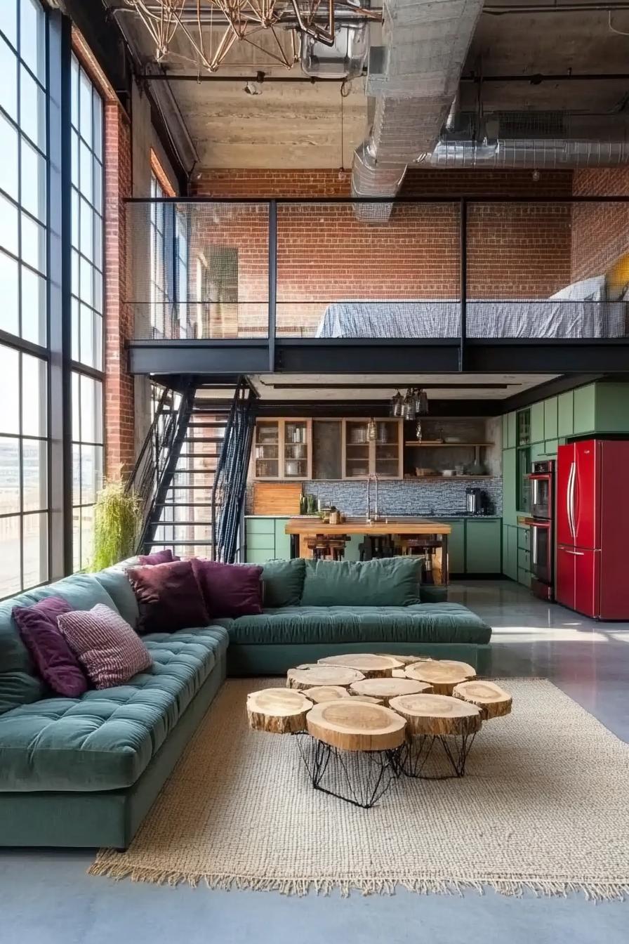 industrial style lofted apartment full wall windows in black frames steel stairs lead upstairs to a bedroom bed and armchair visible sliding barn 1