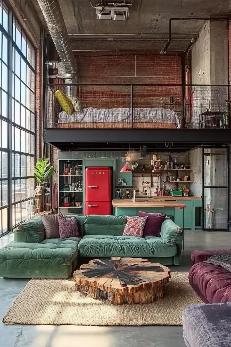 industrial style lofted apartment full wall windows in black frames steel stairs lead upstairs to a bedroom bed and armchair visible sliding barn 2