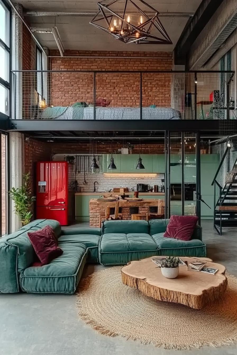 industrial style lofted apartment full wall windows in black frames steel stairs lead upstairs to a bedroom bed and armchair visible sliding barn 3