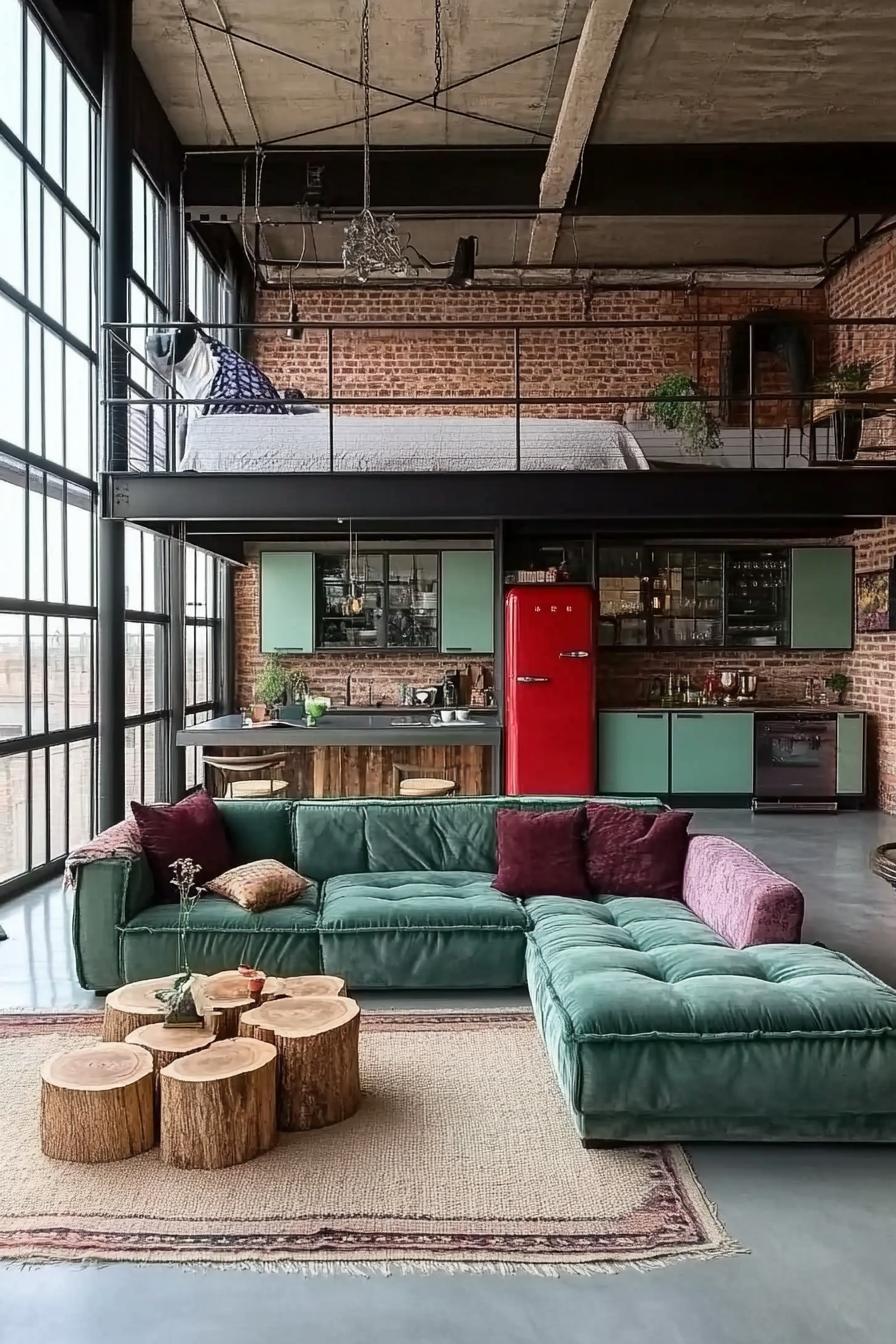 industrial style lofted apartment full wall windows in black frames steel stairs lead upstairs to a bedroom bed and armchair visible sliding barn