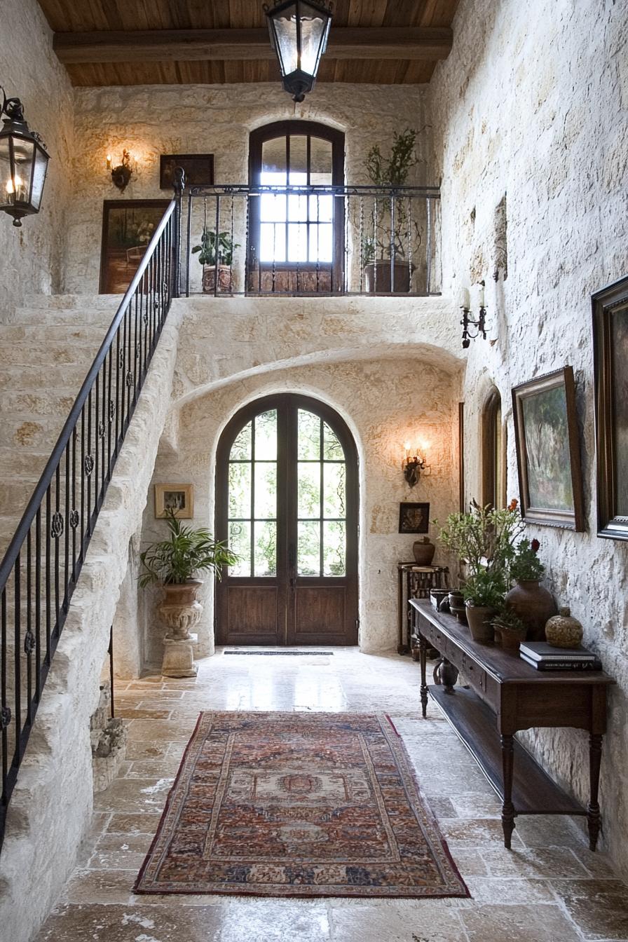 interior entryway of a spanish mediterranean house large travertine floor tile with an area rug stone walls in front white stucco further arched