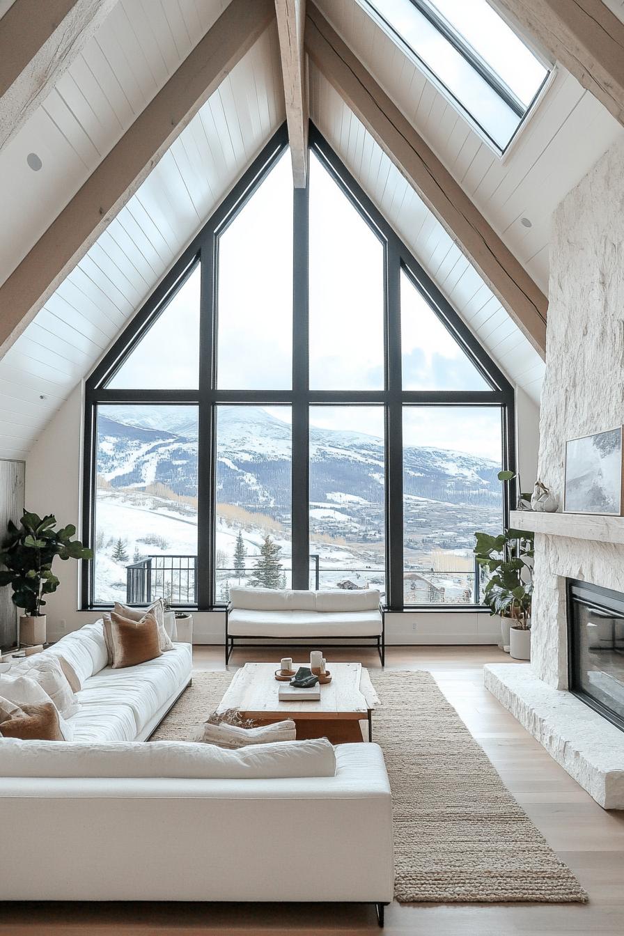 interior of a large a frame house open plan full wall windows overlooking stunning snowy mountains white farmhouse interior with exposed beams