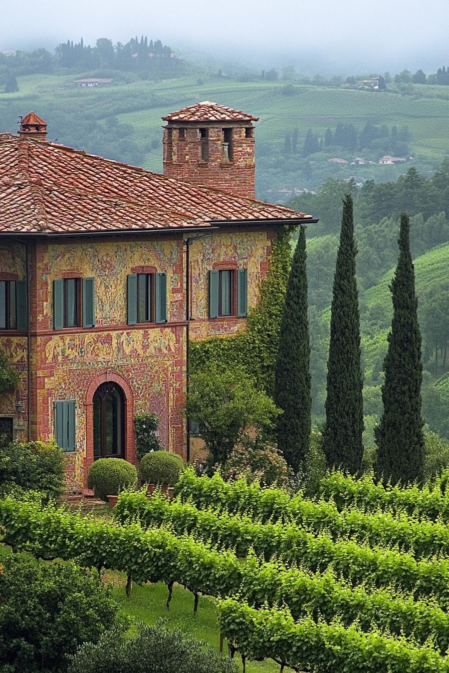 italian villa with multi colored stone facade vineyard italian cypress plants misty valley hills in the background 1