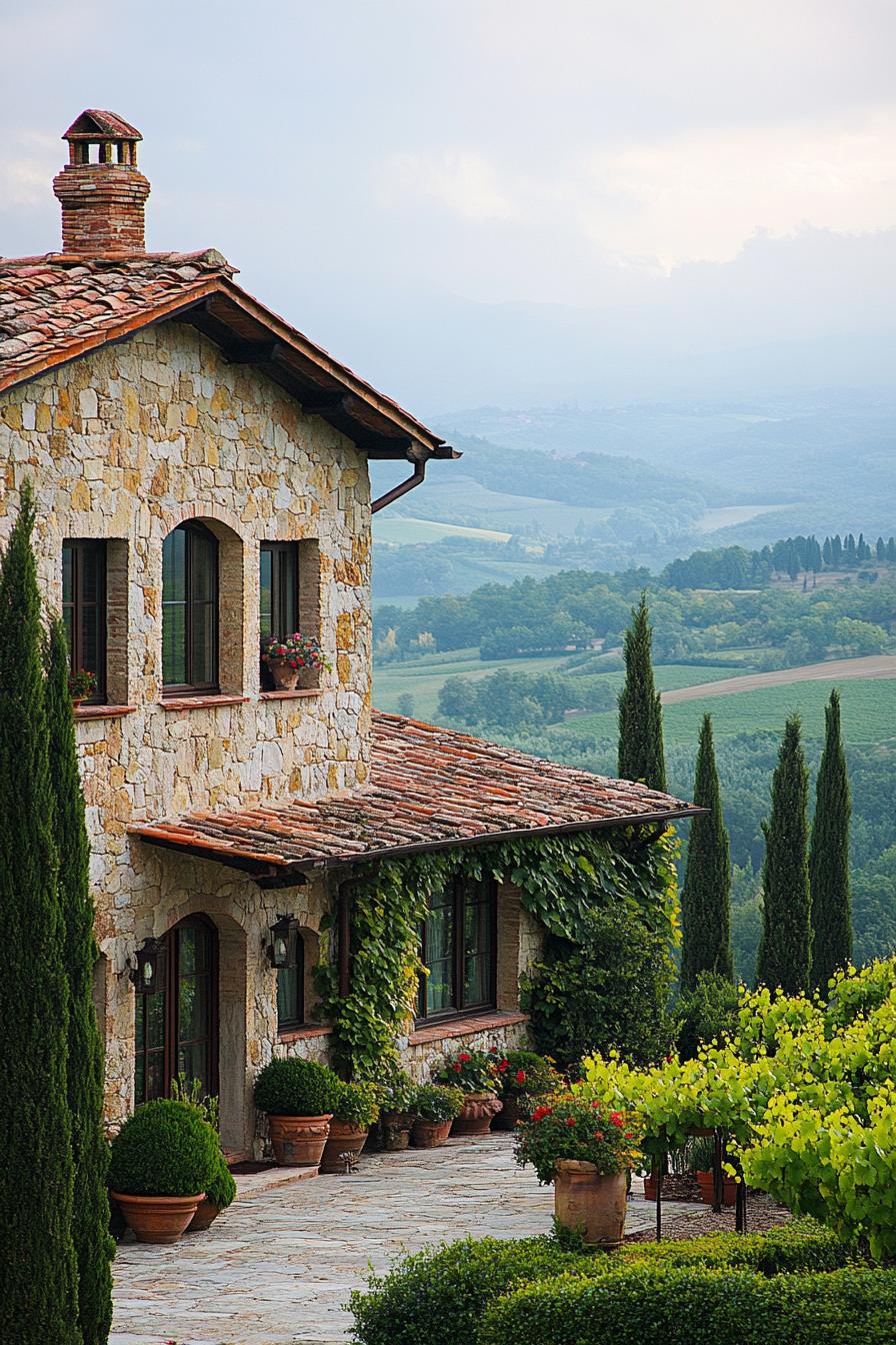 italian villa with multi colored stone facade vineyard italian cypress plants misty valley hills in the background 2