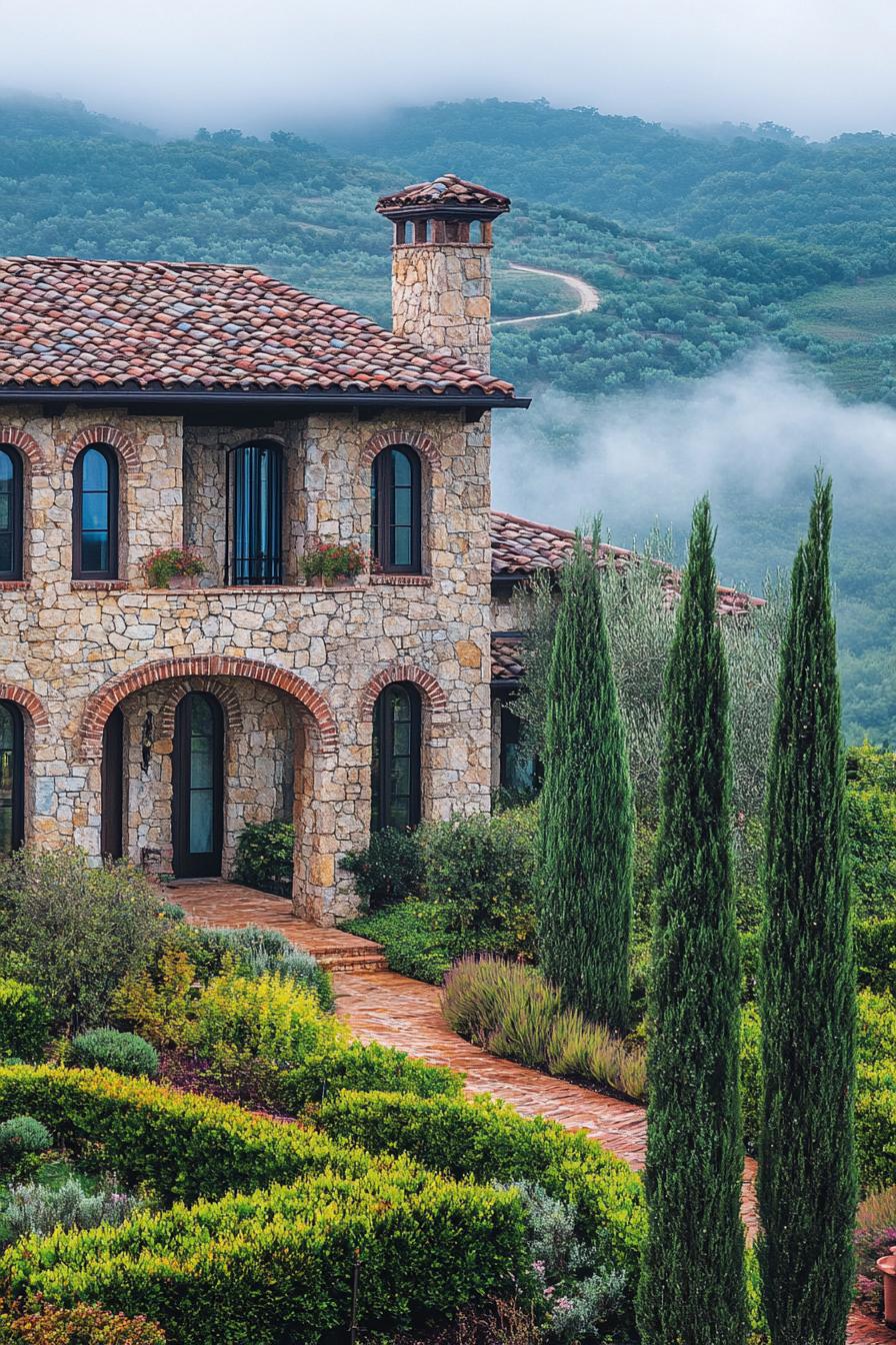 italian villa with multi colored stone facade vineyard italian cypress plants misty valley hills in the background