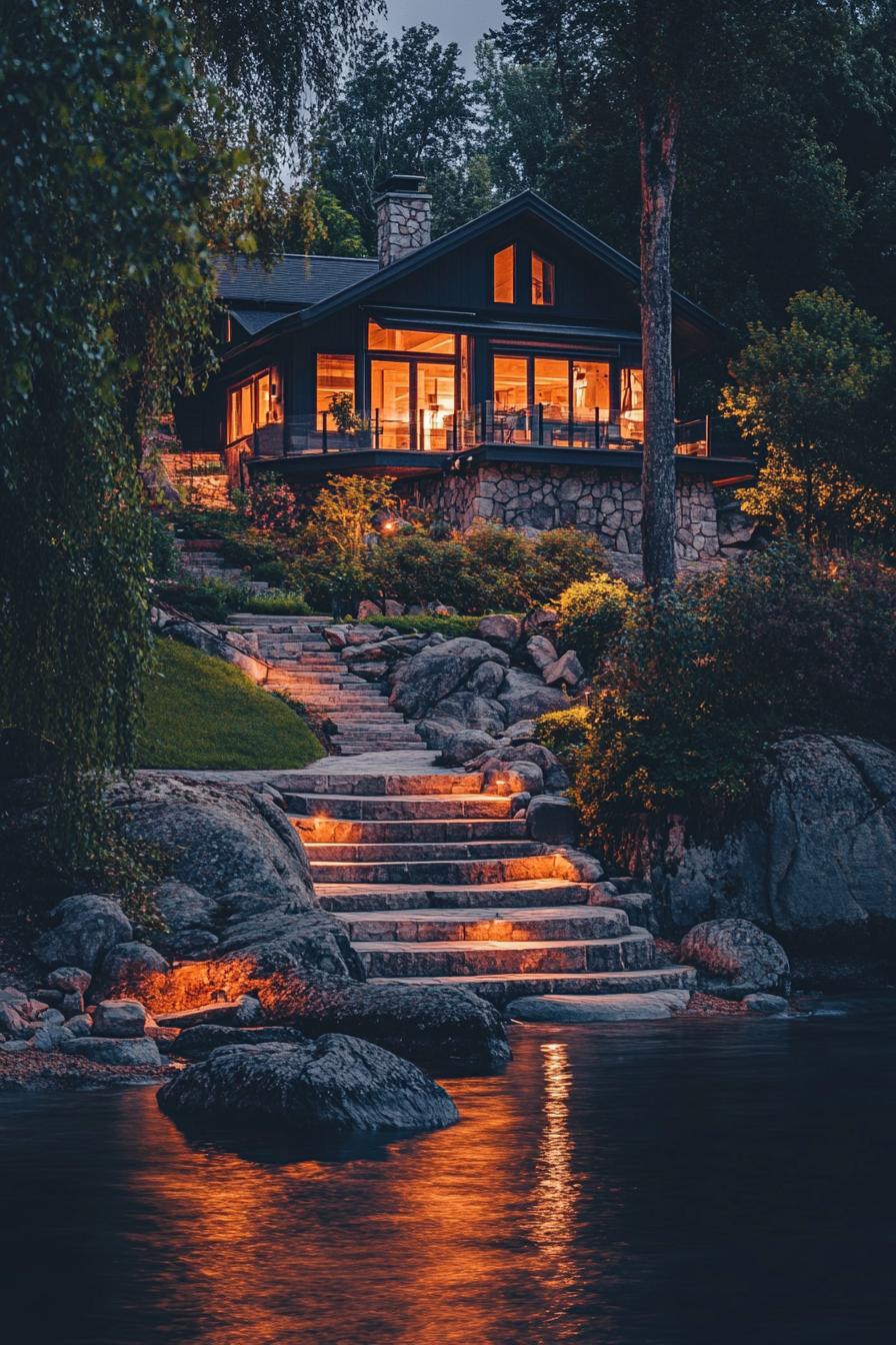 lakefront cottage house on a slight slope by the lake there are steps and stone terraces rocks by the lake there are some trees between the lake 1