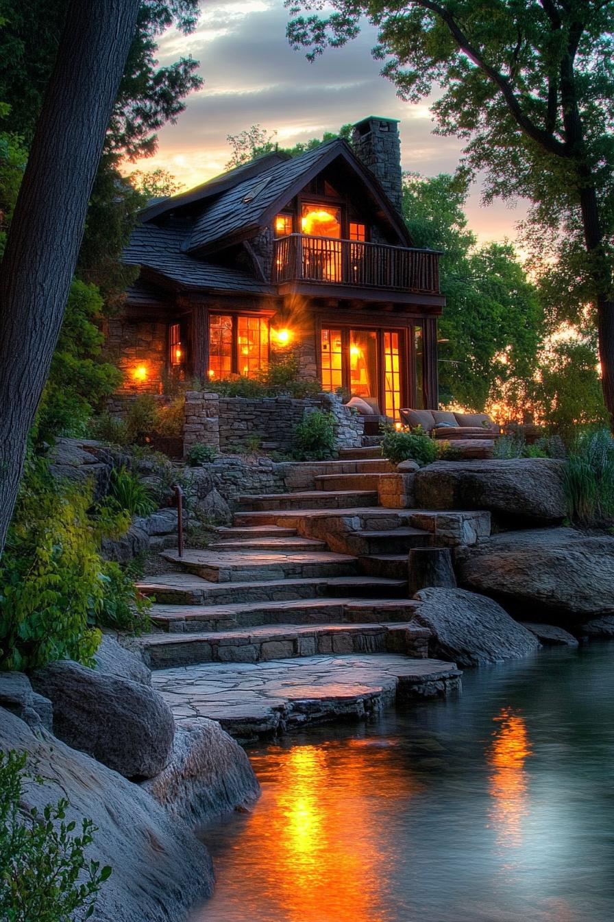 lakefront cottage house on a slight slope by the lake there are steps and stone terraces rocks by the lake there are some trees between the lake 2