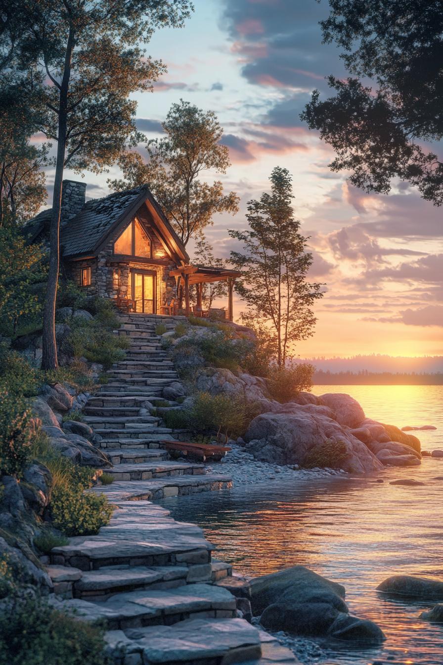 lakefront cottage house on a slight slope by the lake there are steps and stone terraces rocks by the lake there are some trees between the lake