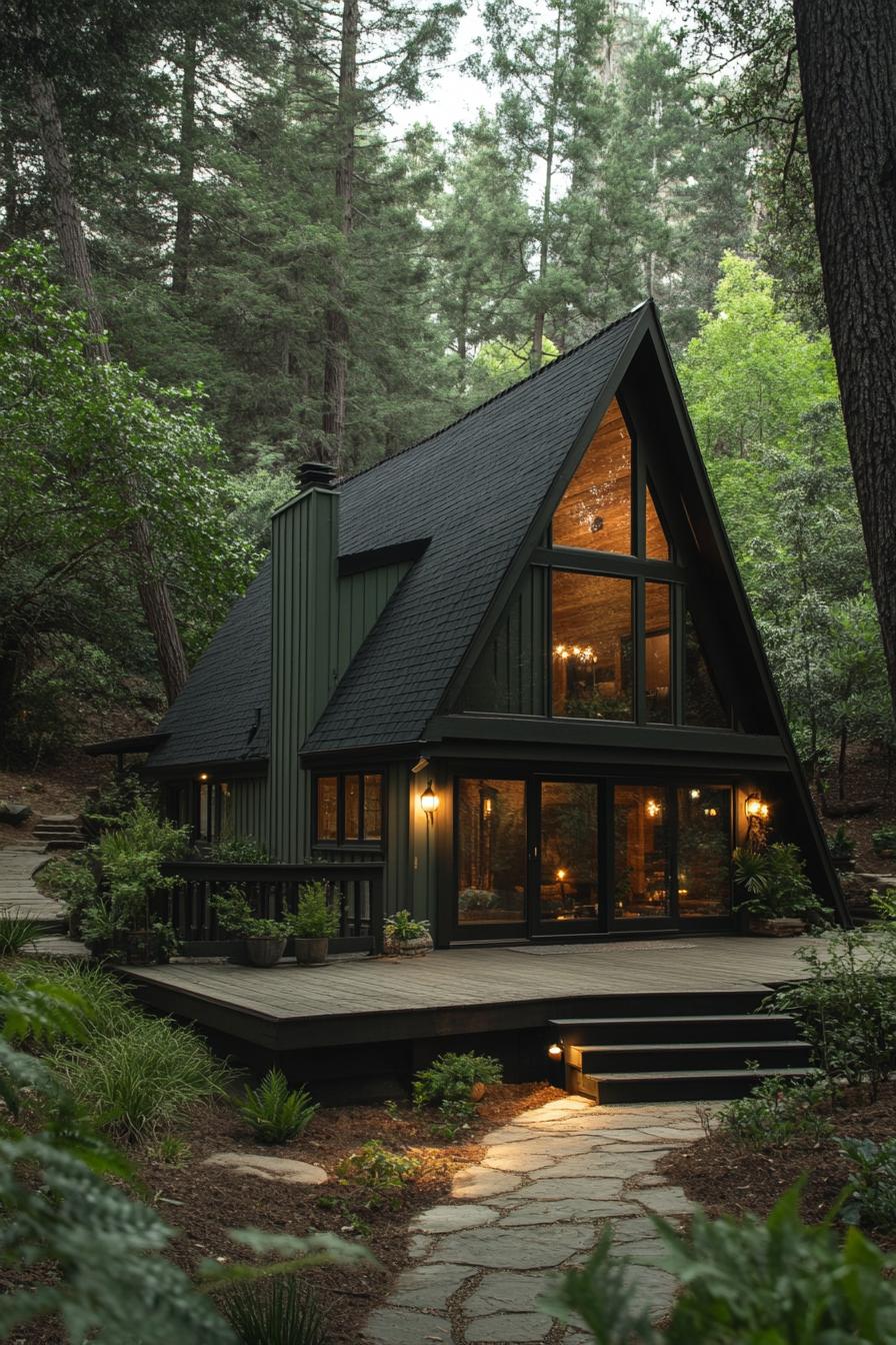 large a frame house in a forest with pale greyish green siding and deck black shingle roof deck with steps forest path with garden lighting pine