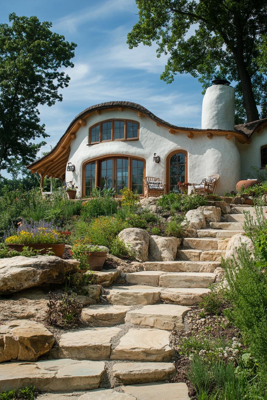 large dream farmhouse style cob house with garden stone steps trees native plants 1