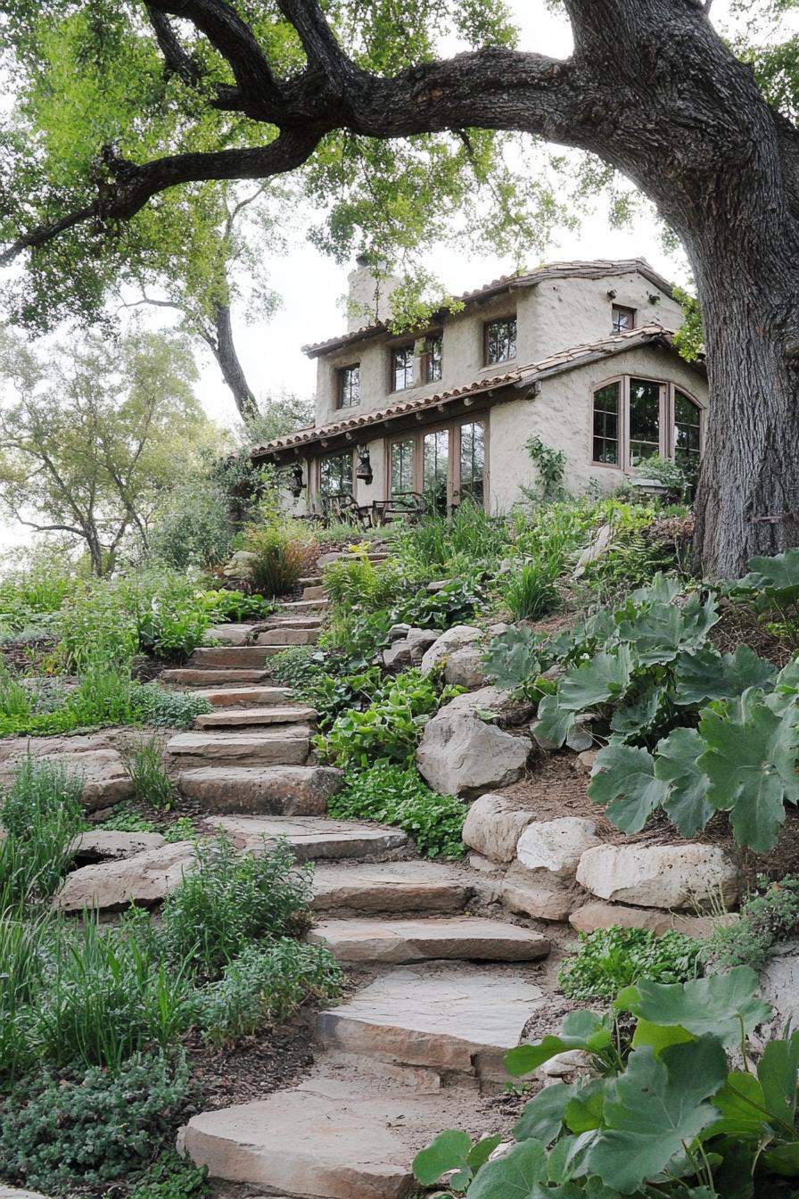 large dream farmhouse style cob house with garden stone steps trees native plants