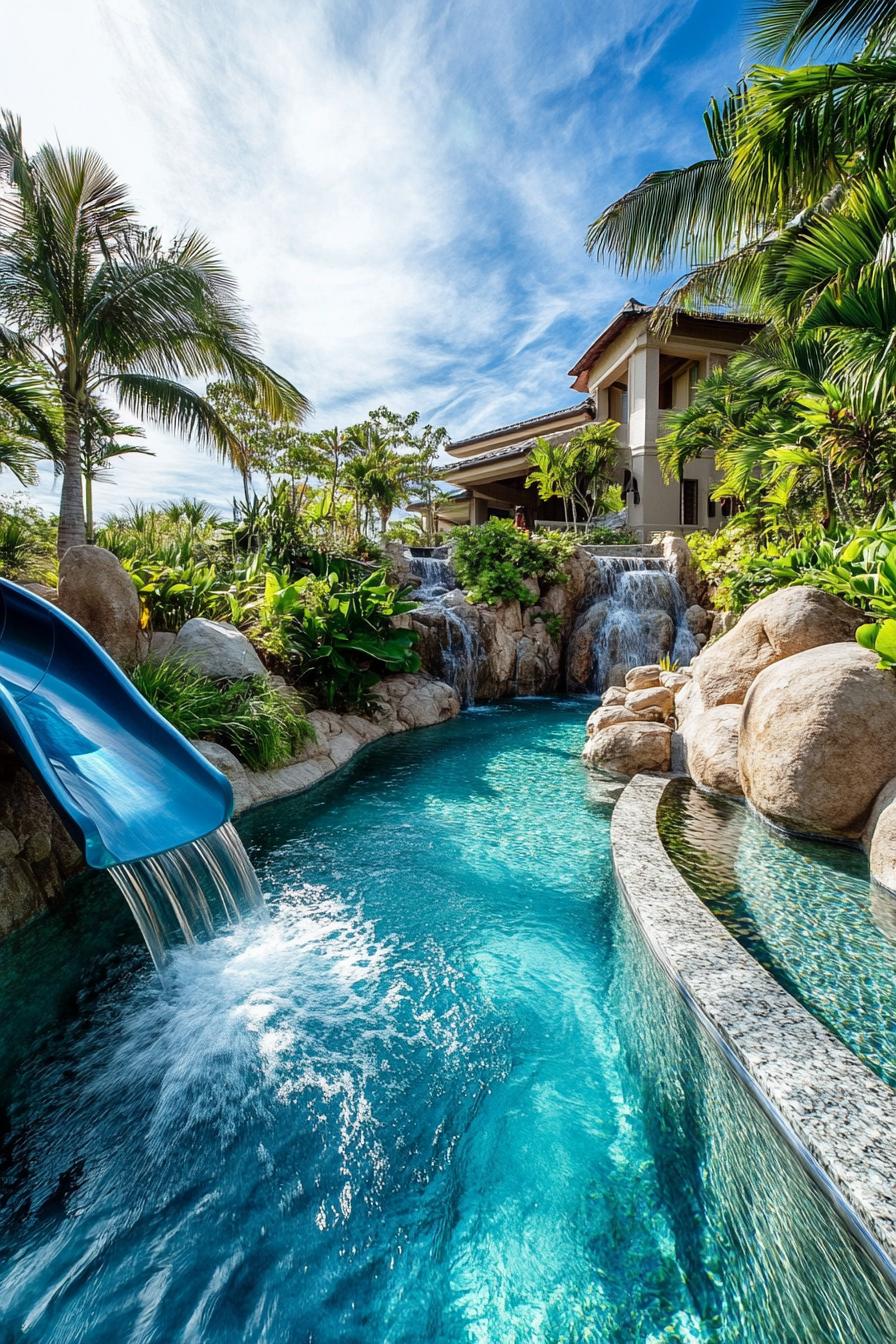 luxury granite house yard pool with a slide pool is bordered with boulders there are tropical plants around