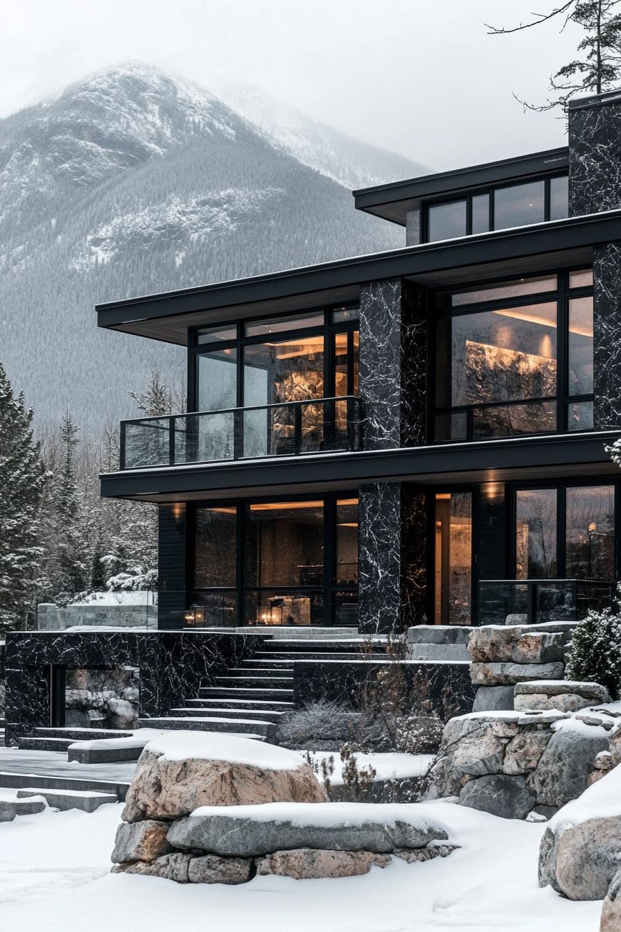 luxury modern black marble house with large windows in black trim flat roof front entry steps front deck balconies in winter imposing mountain 1