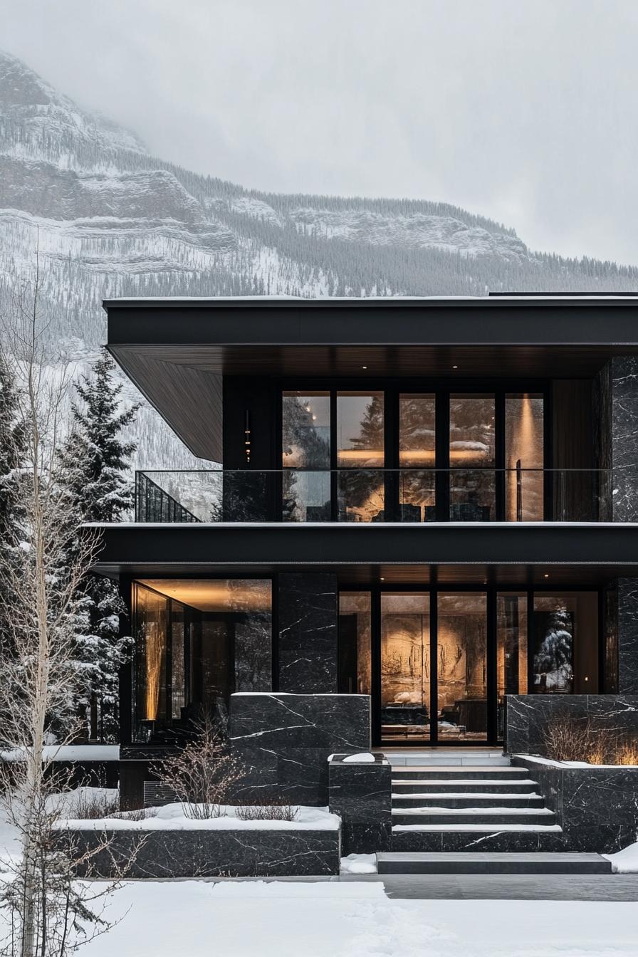 luxury modern black marble house with large windows in black trim flat roof front entry steps front deck balconies in winter imposing mountain