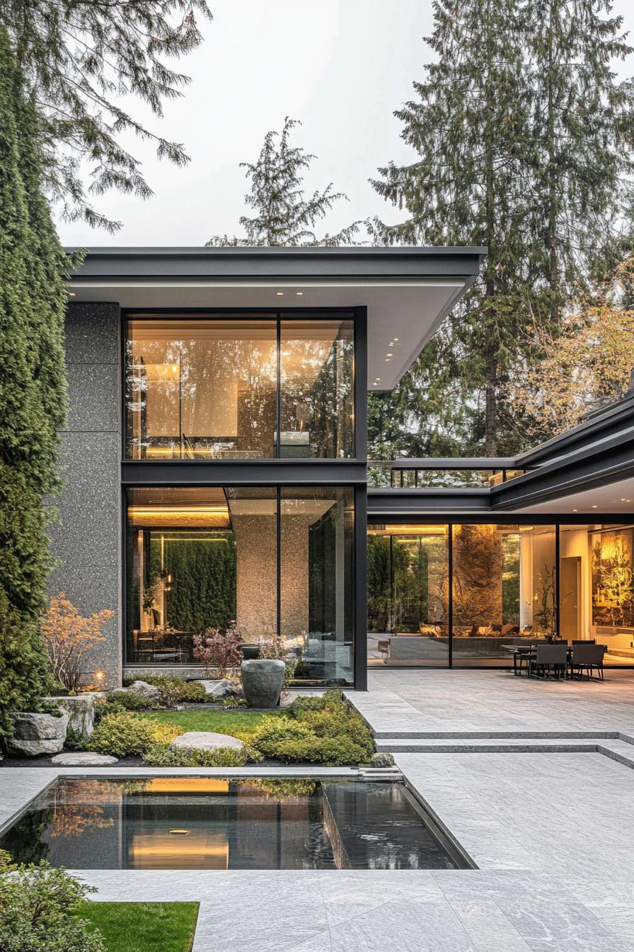 luxury modern house courtyard with grey granite tall facade flat roof full glass walls tidy modern landscape borders with tall thuja trees small 1