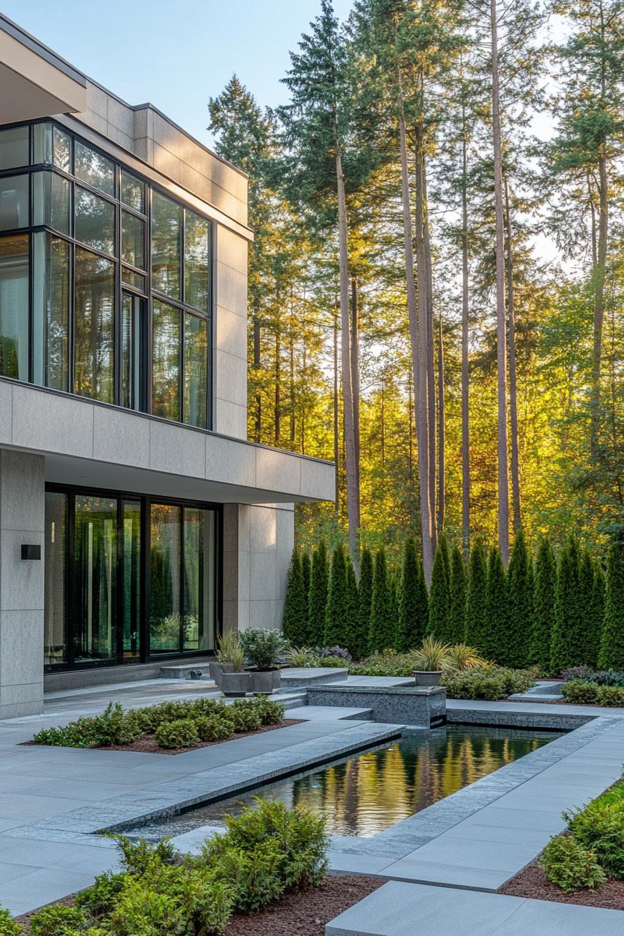 luxury modern house courtyard with grey granite tall facade flat roof full glass walls tidy modern landscape borders with tall thuja trees small