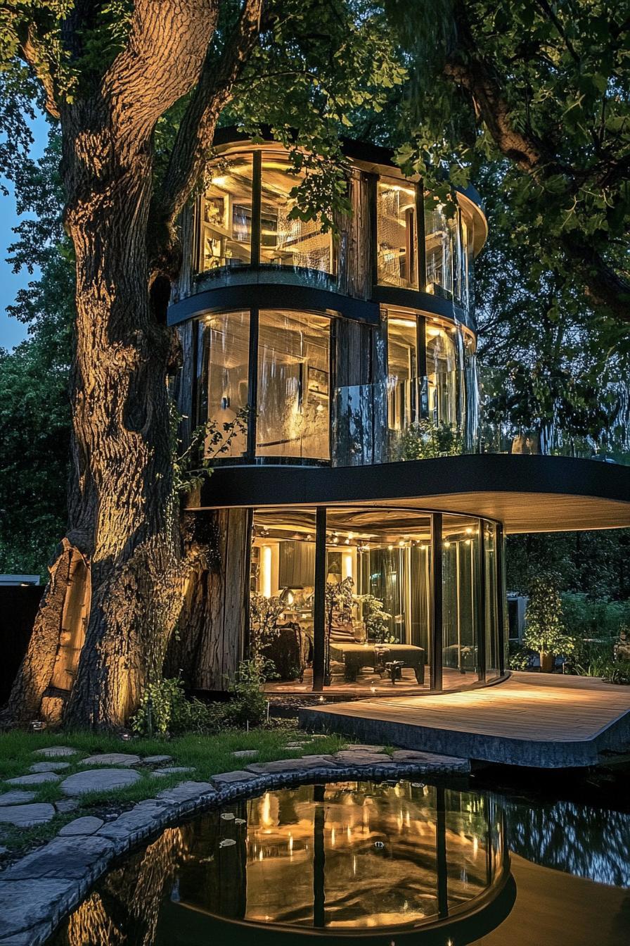 luxury tree house built around a giant old tree the house has full wall modern glass windows theres a pond by the tree 1