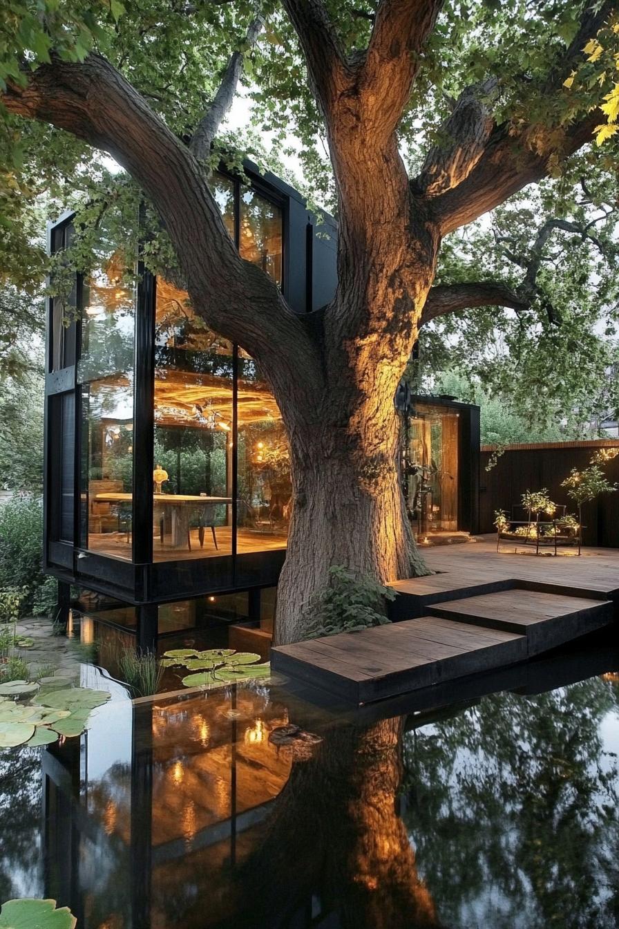 luxury tree house built around a giant old tree the house has full wall modern glass windows theres a pond by the tree