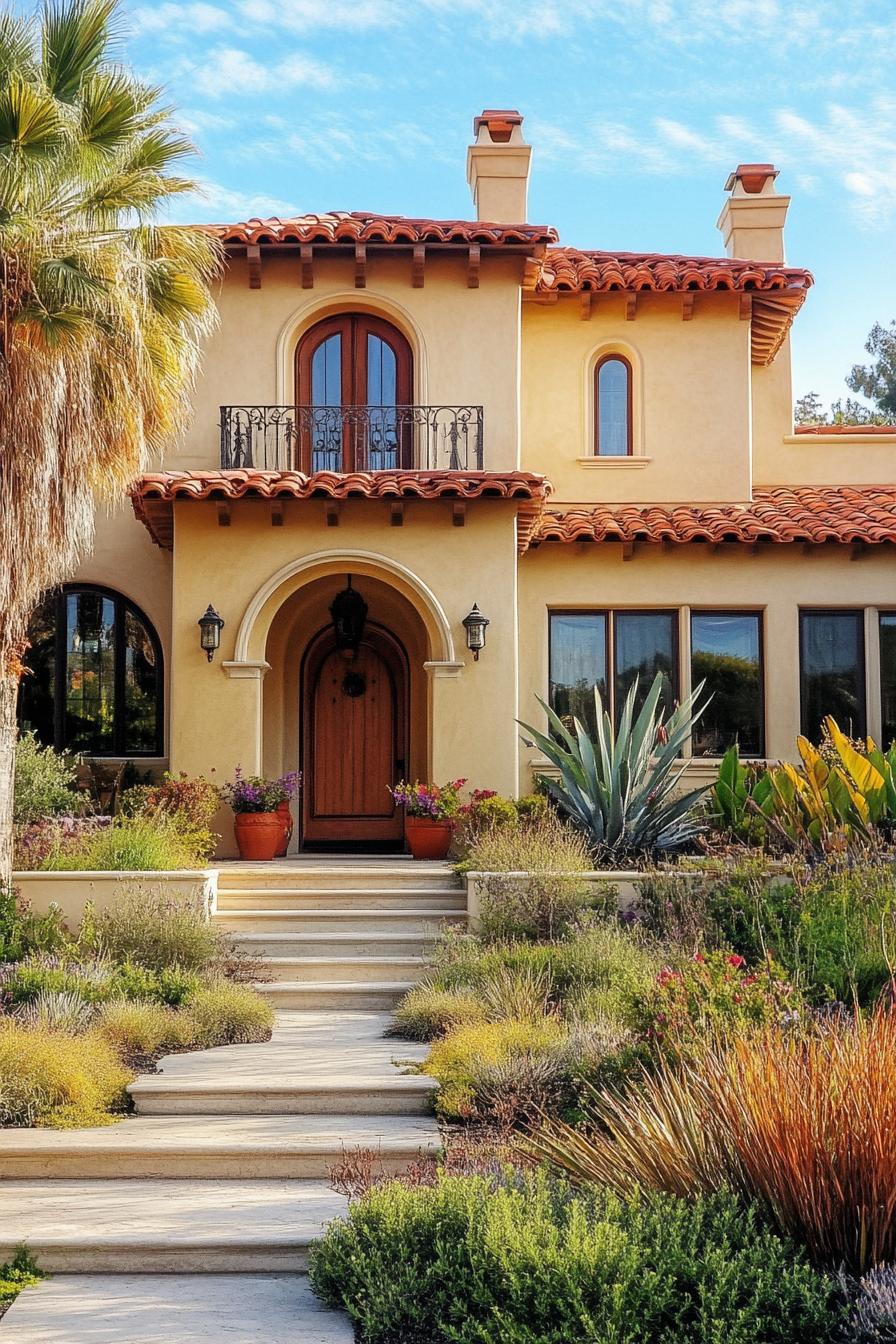 mediterranean revival architecture house facade stucco painted in earthy tones frontyard olive garden 1