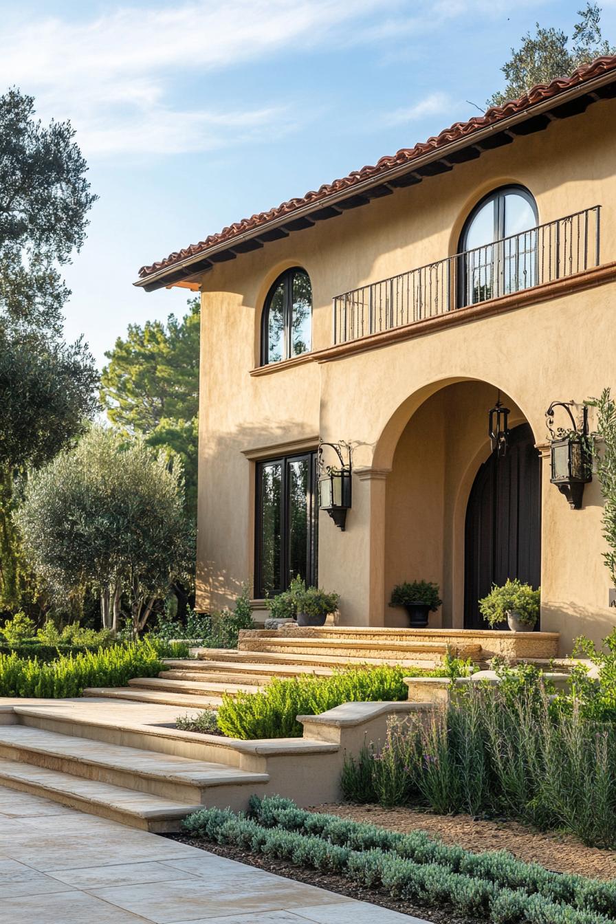 mediterranean revival architecture house facade stucco painted in earthy tones frontyard olive garden 2