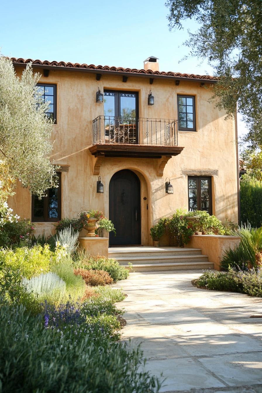 mediterranean revival architecture house facade stucco painted in earthy tones frontyard olive garden 3