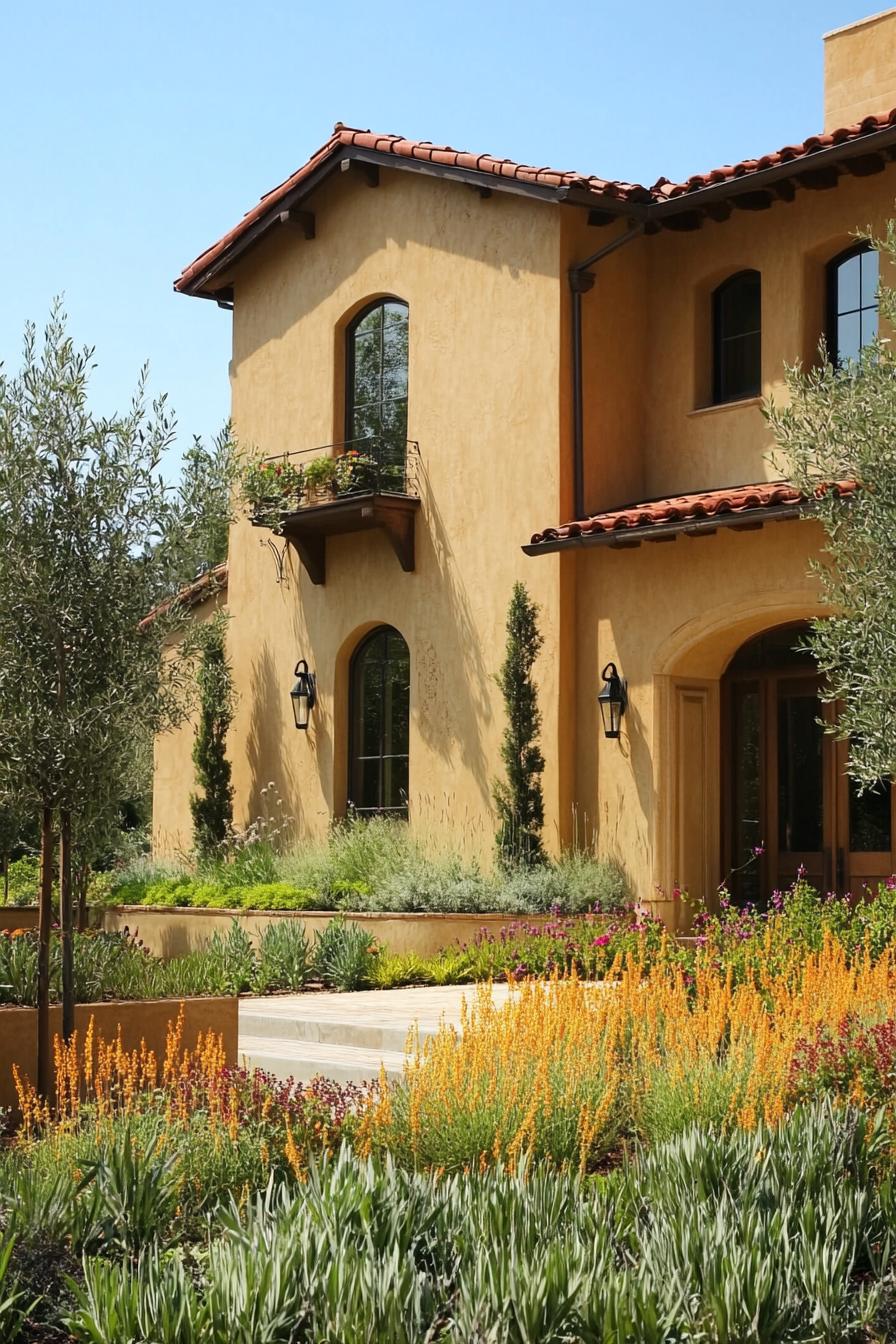 mediterranean revival architecture house facade stucco painted in earthy tones frontyard olive garden