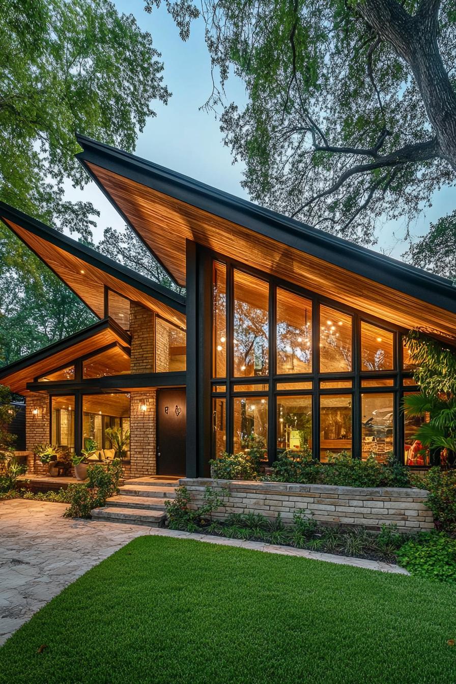 mid century modern and antique style house facade roof with gabled shingled sections 2