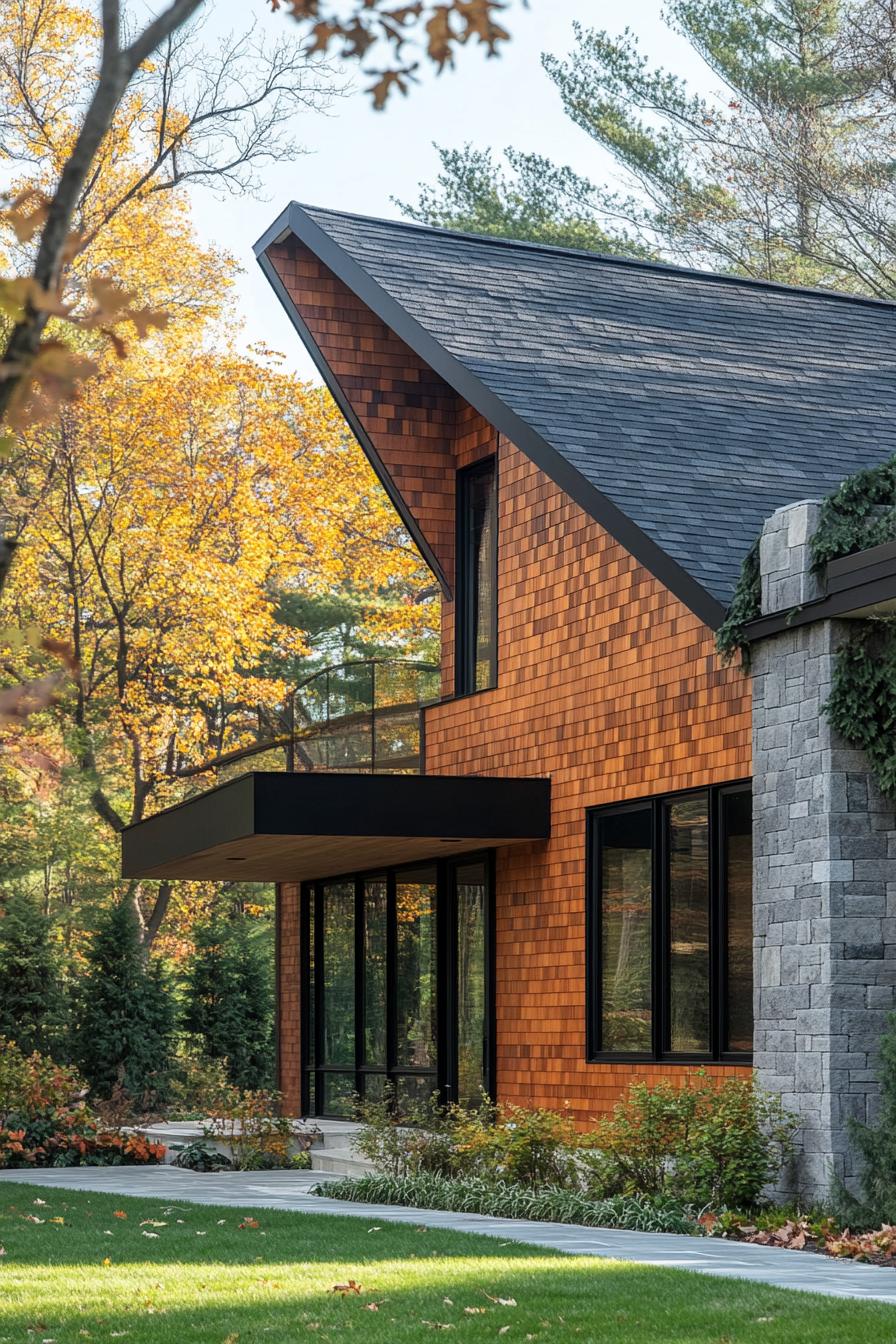 mid century modern and antique style house facade roof with gabled shingled sections