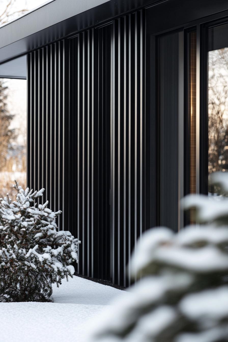 mid century modern black house aluminum facade with vertcal slats Scandinavian winter 1