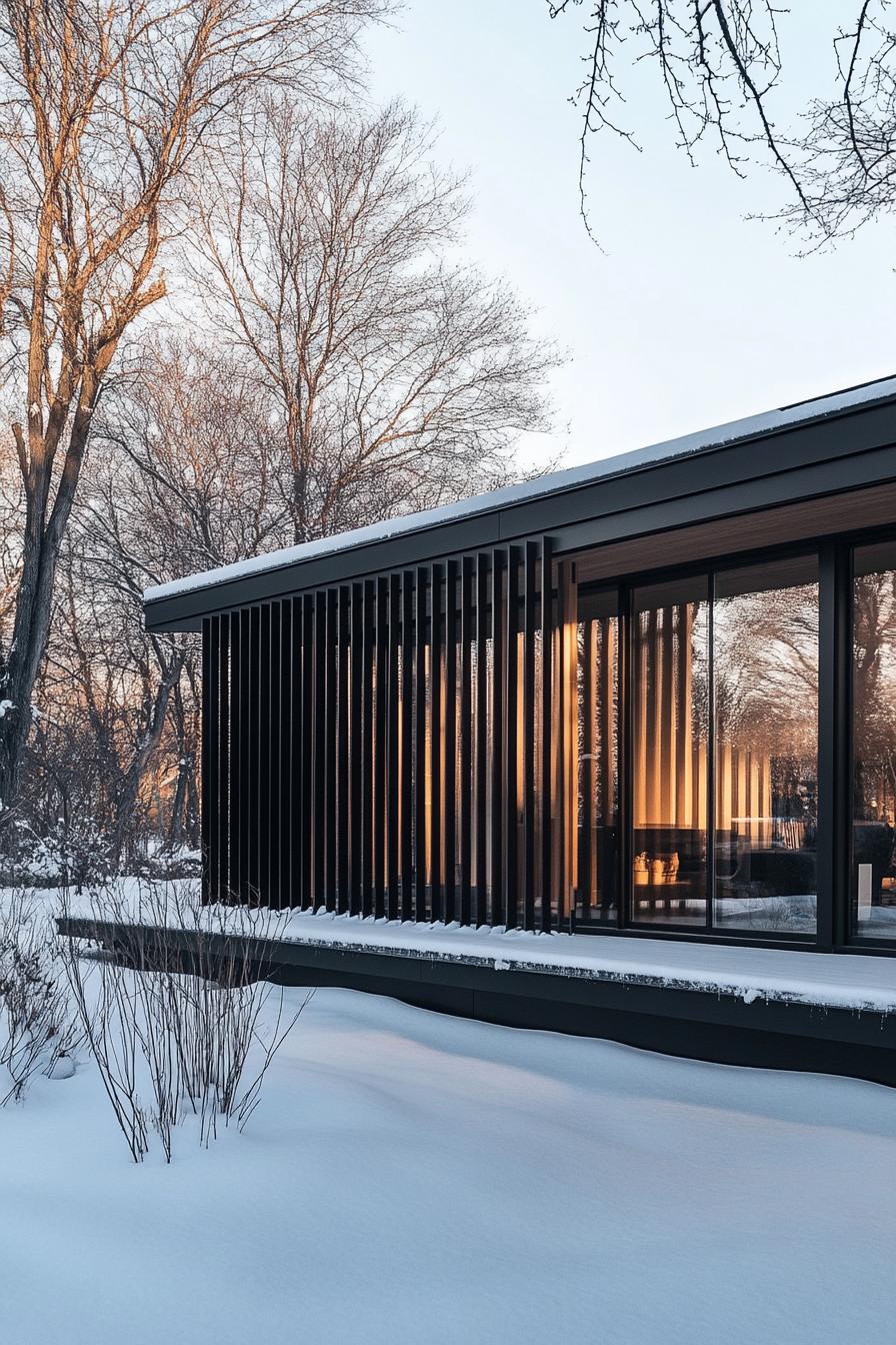 mid century modern black house aluminum facade with vertcal slats Scandinavian winter 2