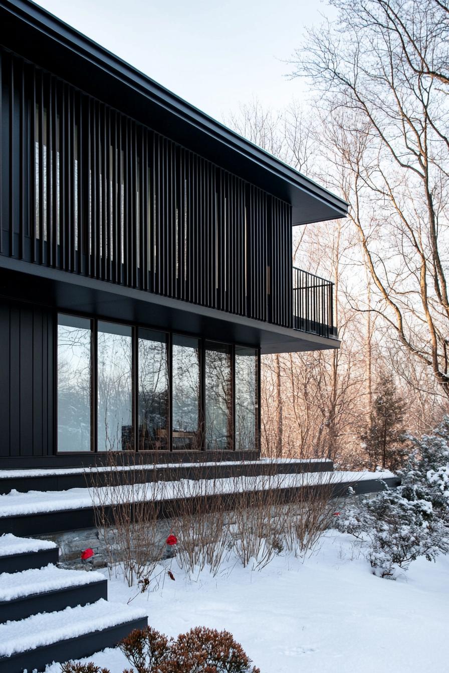 mid century modern black house aluminum facade with vertcal slats Scandinavian winter 3