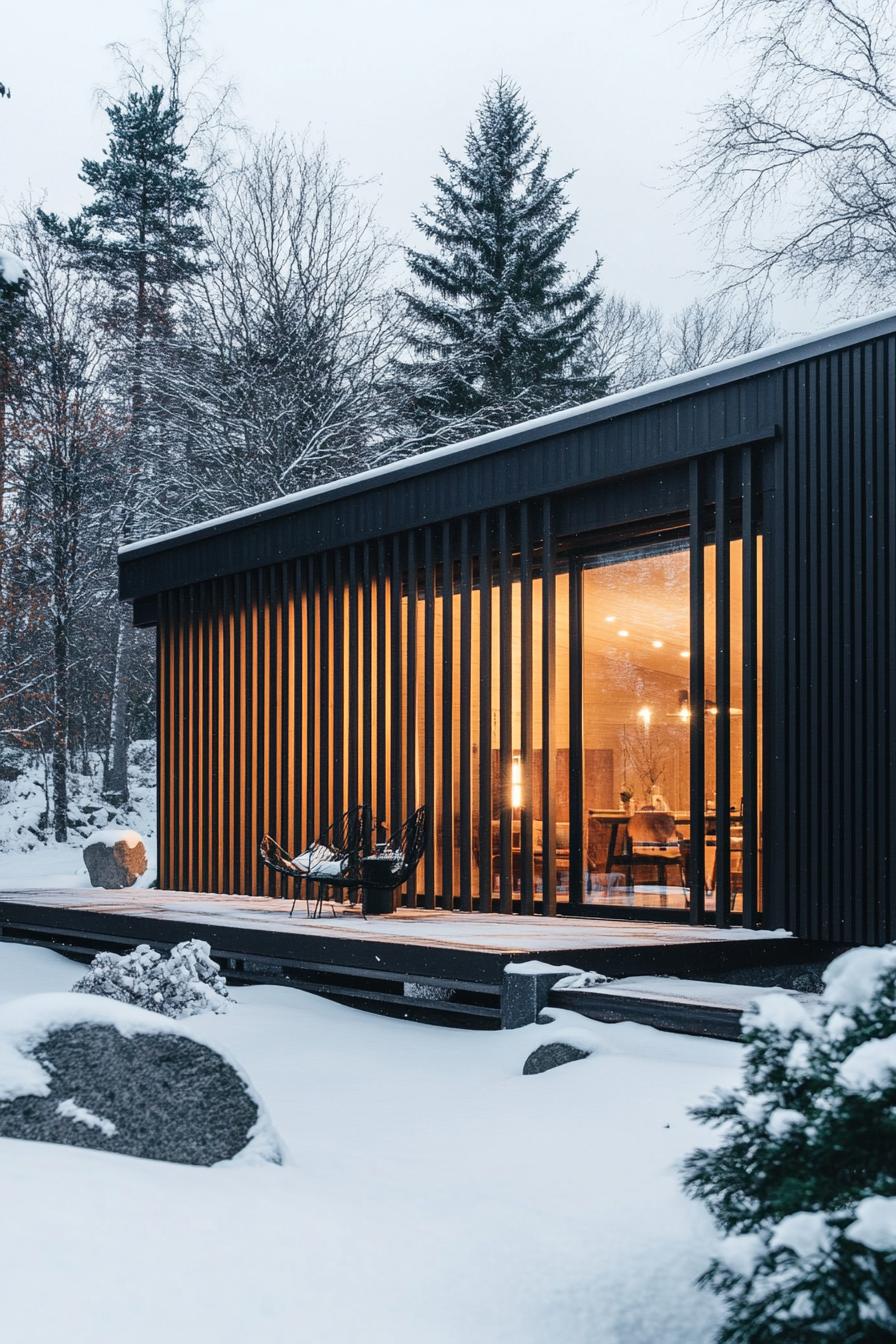 mid century modern black house aluminum facade with vertcal slats Scandinavian winter