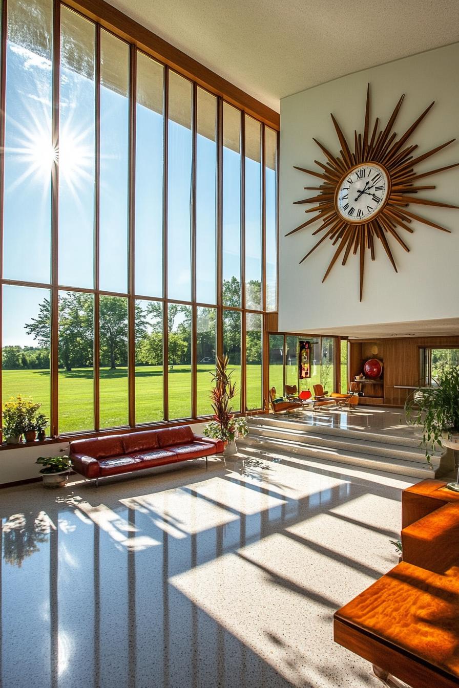 mid century modern house interior lofted with large sunburst clock decorating a wall and large windows overlooking green farmland 1