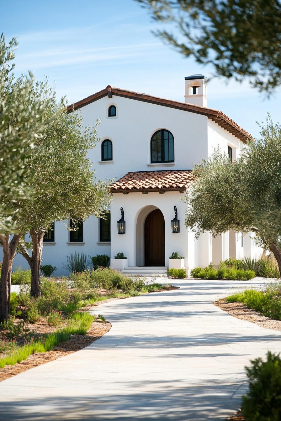 modern Californian house mediterranean style front yard with olive trees 1