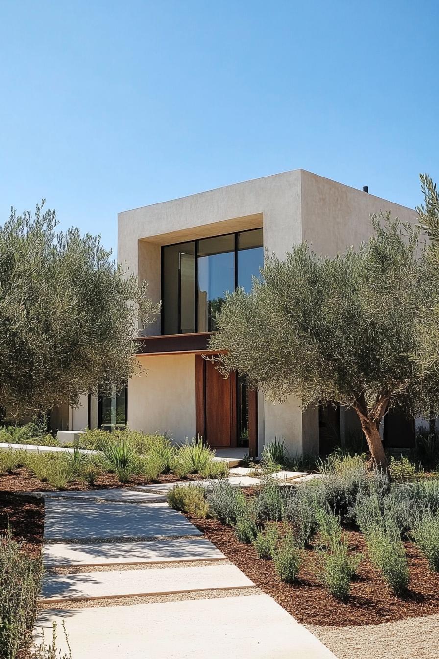 modern Californian house mediterranean style front yard with olive trees 2