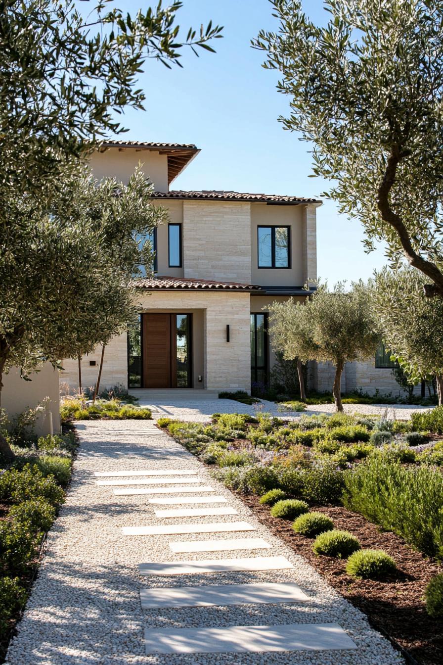 modern Californian house mediterranean style front yard with olive trees 3