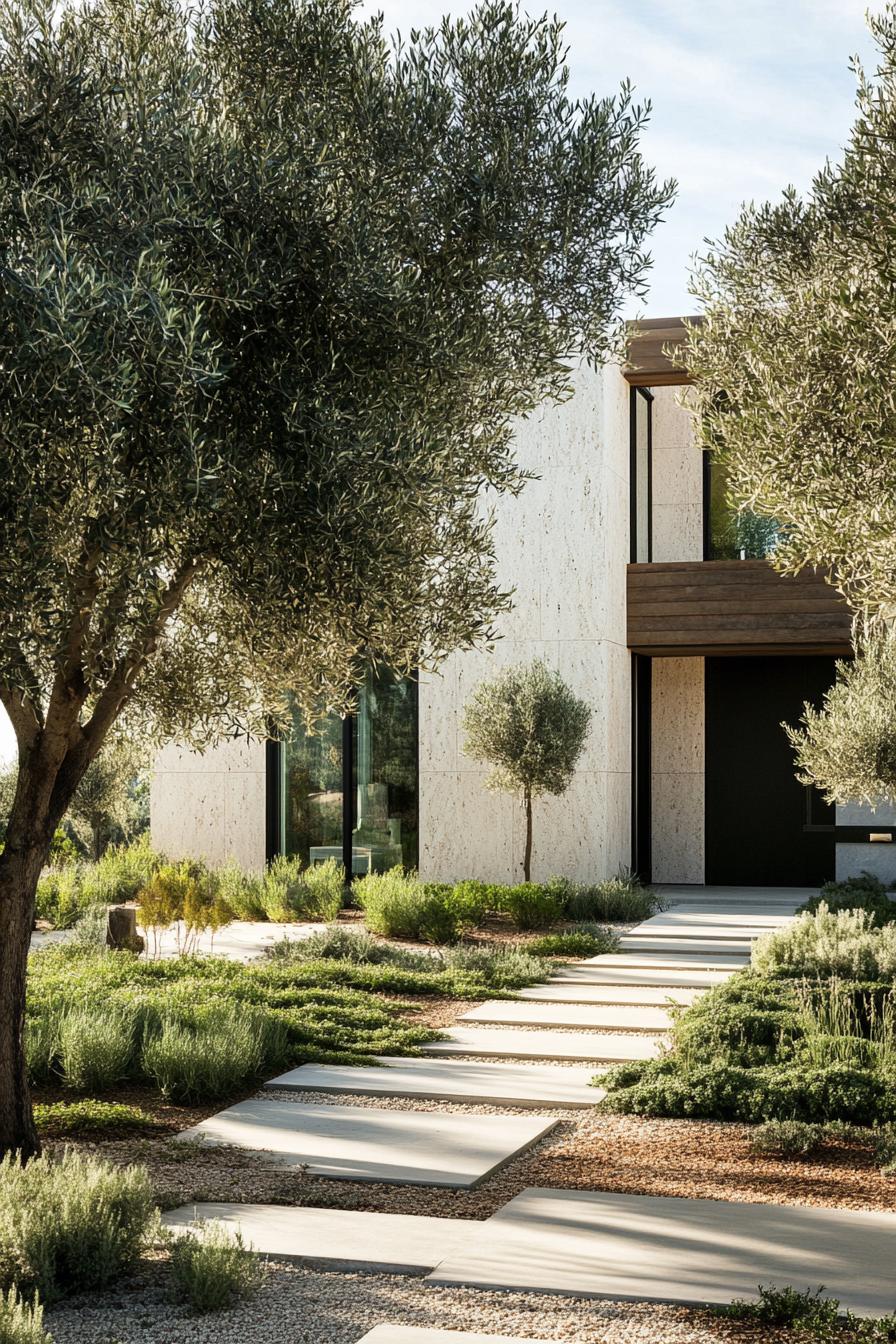 modern Californian house mediterranean style front yard with olive trees